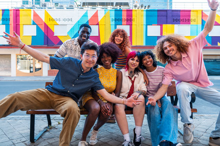 Multiethnic group of young friends meeting and having fun outdoors - Multiracial happy and stylish teen students bonding in the city, concepts about youth, teenagers lifestyle and diversityの写真素材