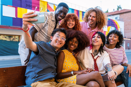 Multiethnic group of young friends meeting and having fun outdoors - Multiracial happy and stylish teen students bonding in the city, concepts about youth, teenagers lifestyle and diversityの写真素材