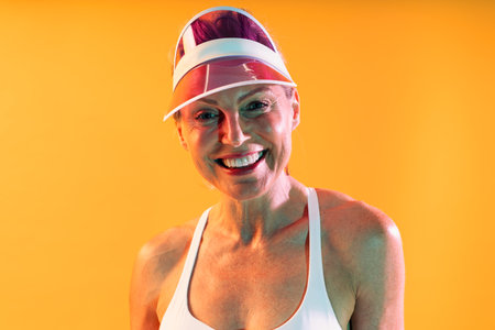 Beautiful mature sporty woman wearing sportswear doing workout - smiling brightly. A happy and fit mature woman in a visor and sports bra poses against a vibrant orange backdropの写真素材