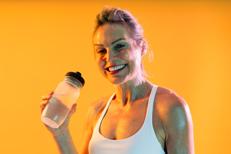 Beautiful mature sportive woman wearing sportswear doing workout - happy, sporty mature woman with gray hair wearing a white sports bra and holding a water bottle, celebrating fitness and wellnessの写真素材