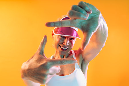 Beautiful mature sportive woman wearing sportswear doing workout - smiling senior woman in sportswear and visor framing her face against a vibrant orange studio background, embodying active agingの写真素材