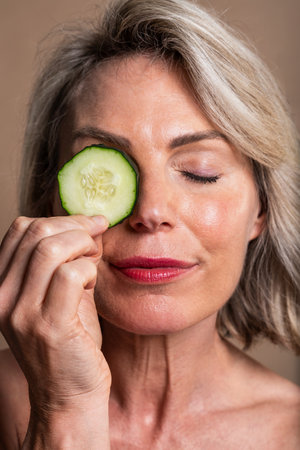 Beauty portrait of beautiful mature woman, concepts about cosmetics, skincare and wellness. Mature woman applying cucumber slice during skincare routine, emphasizing natural beauty and wellnessの写真素材