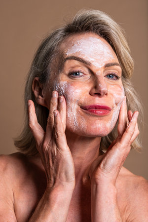 Beauty portrait of beautiful mature woman, concepts about cosmetics, skincare and wellness. Smiling mature woman applying moisturizing cream on her faceの写真素材