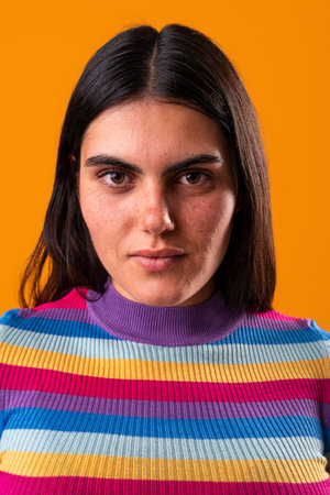 Studio portrait of a young woman with freckles wearing a colorful striped sweater, posing against an...