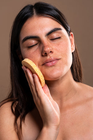 With her eyes closed, a young woman gently massages her face with a konjac sponge, enjoying a moment...