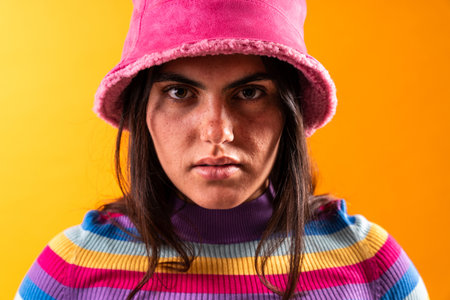 Studio portrait of a stylish young woman wearing a pink bucket hat and a vibrant striped sweater,...