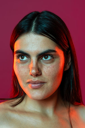 Striking studio portrait of a young woman with unique features. Emphasizing natural beauty, skincare, and cosmetics, highlighting her radiant complexion against a vivid backgroundの写真素材