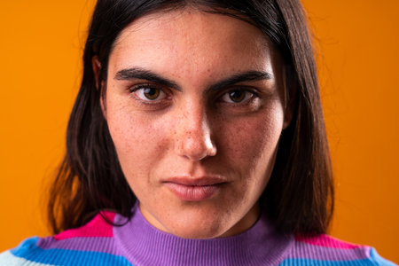 Studio portrait of a young woman with long dark hair and freckles, wearing a colorful sweater, exuding confidence with her direct and intense gaze against an orange backdropの写真素材
