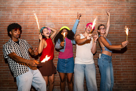 Multiethnic group of young friends having fun on the streets in the night - Stylish cool multiracial people wearing stylish clothing hanging out before party in a disco clubの写真素材