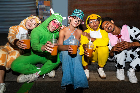 Multiethnic group of young friends having fun on the streets in the night - Stylish cool multiracial...