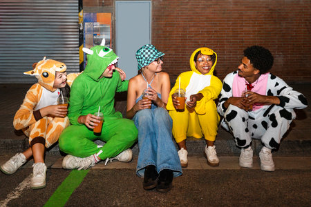 Multiethnic group of young friends having fun on the streets in the night - Stylish cool multiracial...