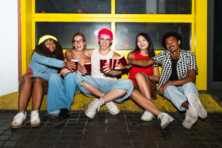 Multiethnic group of young friends having fun on the streets in the night - Stylish cool multiracial...