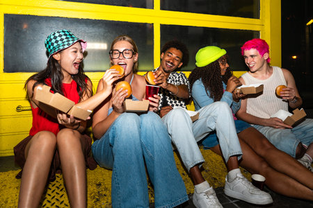 Multiethnic group of young friends having fun on the streets in the night - Stylish cool multiracial people wearing stylish clothing hanging out before partyの写真素材