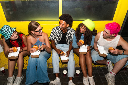 Multiethnic group of young friends having fun on the streets in the night - Stylish cool multiracial...