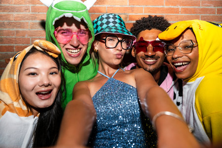 Multiethnic group of young friends having fun on the streets in the night - Stylish cool multiracial...