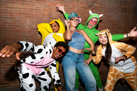 Multiethnic group of young friends having fun on the streets in the night - Stylish cool multiracial people wearing stylish funny costumes hanging out before party in a disco clubの写真素材