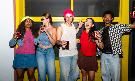 Multiethnic group of young friends having fun on the streets in the night - Stylish cool multiracial...