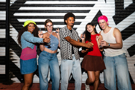 Multiethnic group of young friends having fun on the streets in the night - Stylish cool multiracial...