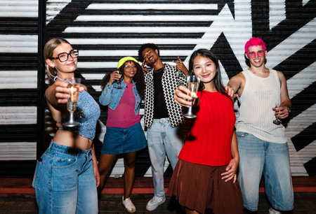 Multiethnic group of young friends having fun on the streets in the night - Stylish cool multiracial...