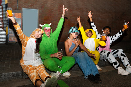 Multiethnic group of young friends having fun on the streets in the night - Stylish cool multiracial...