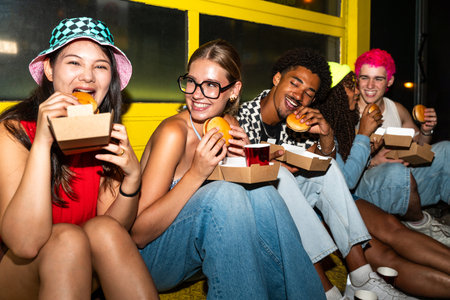 Multiethnic group of young friends having fun on the streets in the night - Stylish cool multiracial...