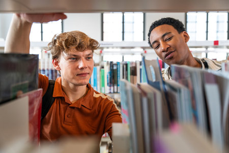 Two diverse male students are attentively browsing shelves filled with books in a brightly lit...