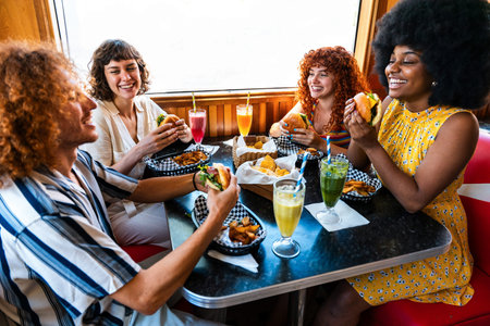 Multiethnic group of young happy friends bonding at vintage diner burger house restaurant - diverse group of young people bonding, laughing, and eating together in a vintage restaurant