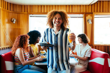 Multiethnic group of young happy friends bonding at vintage diner burger house restaurant - young man smiling, holding juice and burger, with friends enjoying food in a retro diner