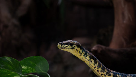 Close-up of a black and yellow snake's head and neck, angled to the left, set against a dark blurred background featuring parts of a plant.の写真素材
