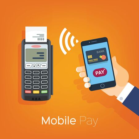 Mobile Pay, payment for services, shopping and entertainment. Hand with phone and payment terminal. Vector illustration, flat style.のイラスト素材