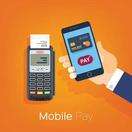 Mobile Pay, payment for services, shopping and entertainment. Hand with phone and payment terminal. Vector illustration, flat style.のイラスト素材