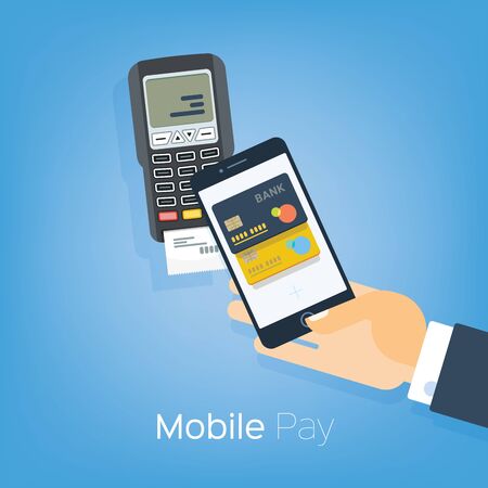 Mobile Pay, payment for services, shopping and entertainment. Hand with phone and payment terminal. Vector illustration, flat style.のイラスト素材