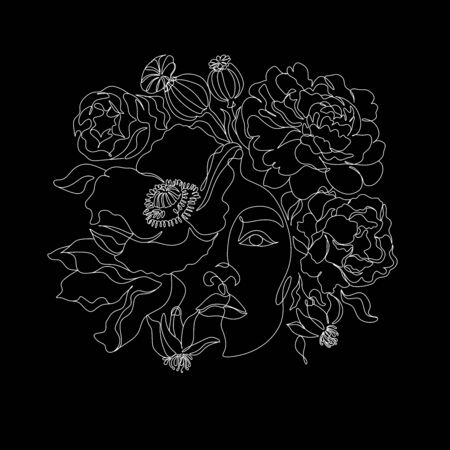 Woman line drawing face with bird and flowers. Art line flower head. Minimalist woman print. Black and white girl line drawing illustrati. Pretty woman natural face with flowersin line vector drawing. Portrait minimalistic style. Botanical print.のイラスト素材