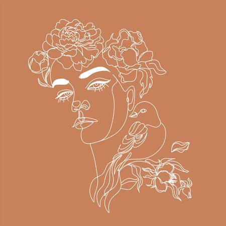 Woman line drawing face with bird and flowers. Art line flower head. Minimalist woman print. Black and white girl line drawing illustrati. Pretty woman natural face with flowersin line vector drawing. Portrait minimalistic style. Botanical print.のイラスト素材