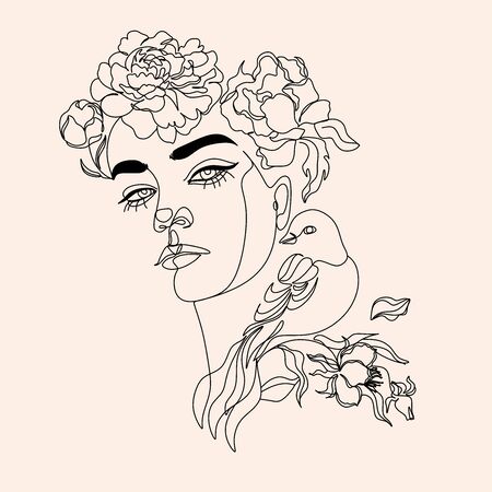 Woman line drawing face with bird and flowers. Art line flower head. Minimalist woman print. Black and white girl line drawing illustrati. Pretty woman natural face with flowersin line vector drawing. Portrait minimalistic style. Botanical print.のイラスト素材