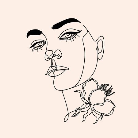 Woman line drawing face with bird and flowers. Art line flower head. Minimalist woman print. Black and white girl line drawing illustrati. Pretty woman natural face with flowersin line vector drawing. Portrait minimalistic style. Botanical print.のイラスト素材