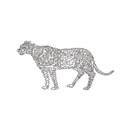 Single swirl continuous line drawing of cute cheetah abstract art. Continuous line draw graphic design vector illustration style of friendly domestic animal for icon, sign, minimalism modern wall decのイラスト素材