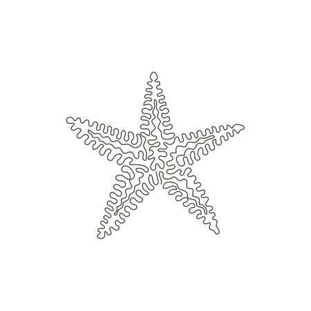 Single curly one line drawing of cute marine invertebrates abstract art. Continuous line draw graphic design vector illustration of beautiful starfish for icon, symbol, logo, poster wall decorのイラスト素材