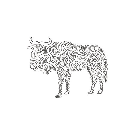Single curly one line drawing of cute wildebeest abstract art. Continuous line draw graphic design vector illustration of wildebeest has a long beard for icon, symbol, company logo, poster wall decorのイラスト素材