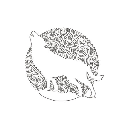 Continuous curve one line drawing of standing wolf abstract art in circle. Single line editable stroke vector illustration of wild animal for logo, wall decor and poster print decorationのイラスト素材