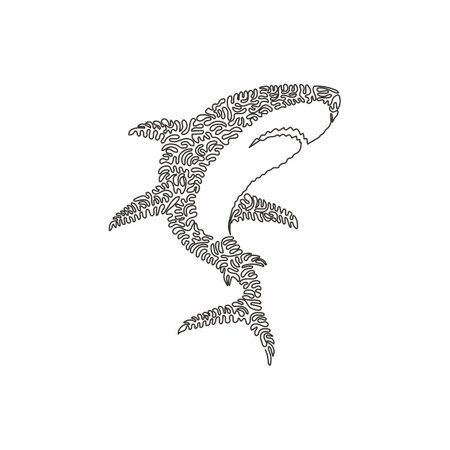 Single one curly line drawing of marine predator abstract art. Continuous line draw graphic design vector illustration of dangerous shark  for icon, symbol, company logo, and poster wall decorのイラスト素材