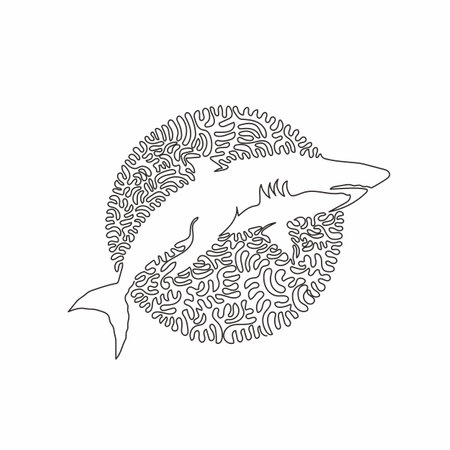 Continuous one curve line drawing of scary shark abstract art in circle. Single line editable stroke vector illustration of fierce carnivores for logo, wall decor and poster print decorationのイラスト素材