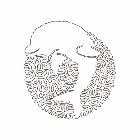 Single one curly line drawing of bottlenose dolphin abstract art. Continuous line draw graphic design vector illustration of intelligent mammal for icon, symbol, company logo, and pet lover clubのイラスト素材