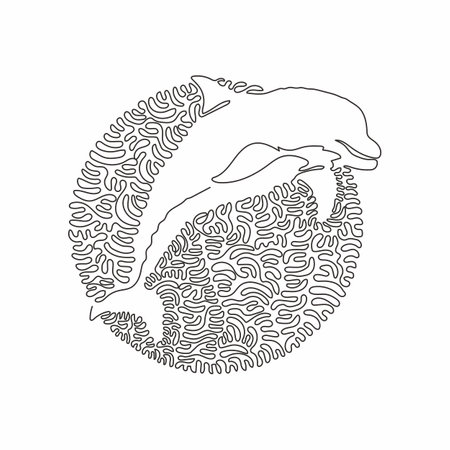 Continuous one curve line drawing of adorable dolphin abstract art in circle. Single line editable stroke vector illustration of dolphin jumping  for logo, wall decor and poster print decorationのイラスト素材