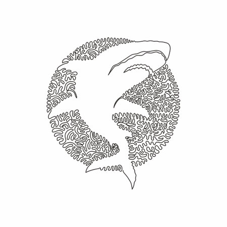 Continuous curve one line drawing of shark attacks abstract art in circle. Single line editable stroke vector illustration of predatory shark for logo, wall decor and poster print decorationのイラスト素材