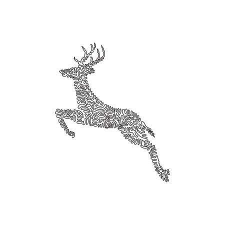 Single one line drawing of cute deer jumping abstract art. Continuous line draw graphic design vector illustration of beautiful antlers deer for icon, symbol, company logo, poster wall decorのイラスト素材