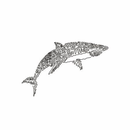 Continuous curve one line drawing of fierce shark, curve abstract art. Single line editable stroke vector illustration of dangerous sharks for logo, wall decor and poster print decorationのイラスト素材