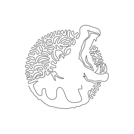 Single curly one line drawing of scary hippopotamus abstract art. Continuous line draw graphic design vector illustration of large canines hippo for icon, symbol, company logo, poster wall decorのイラスト素材