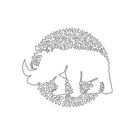 Continuous one curve line drawing of  herbivore rhinoceros, abstract art in circle. Single line editable stroke vector illustration of rhinos run very quickly for logo, wall decor, boho print artのイラスト素材