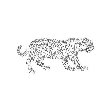 Continuous curve one line drawing of a tiger has a muscular body. Single line editable stroke vector illustration of aggressive tiger for logo, wall decorのイラスト素材
